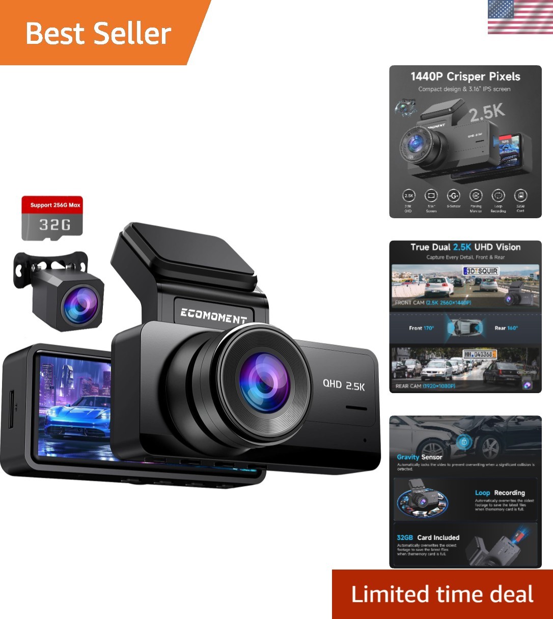 170° Wide Angle Car Dash Camera – 2.5K Resolution, G-Sensor & 32GB Card Included