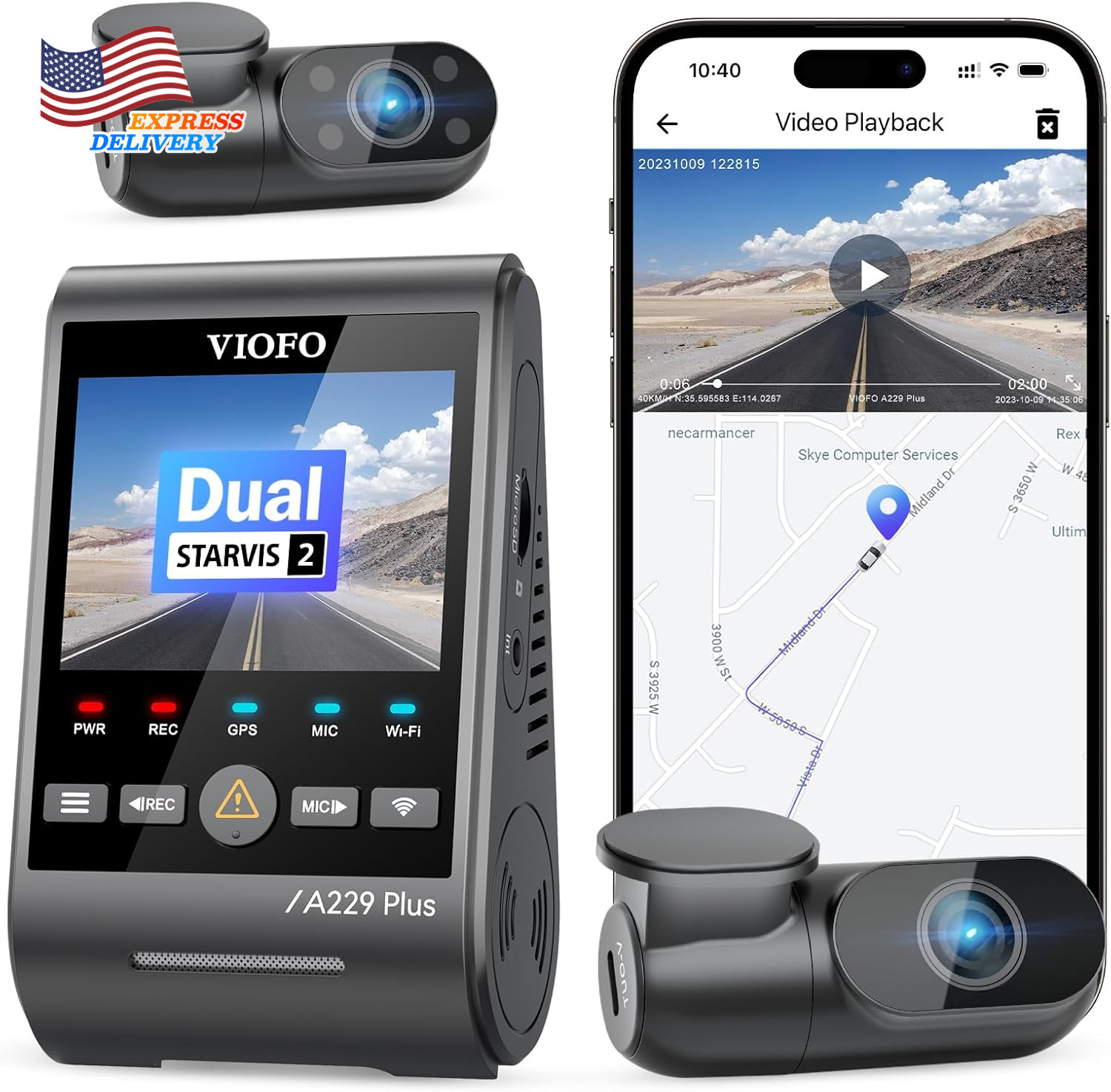 A229 plus 3 Channel Dash Cam Dual STARVIS 2 Sensors 3-Channel HDR 1440P+1440P+10