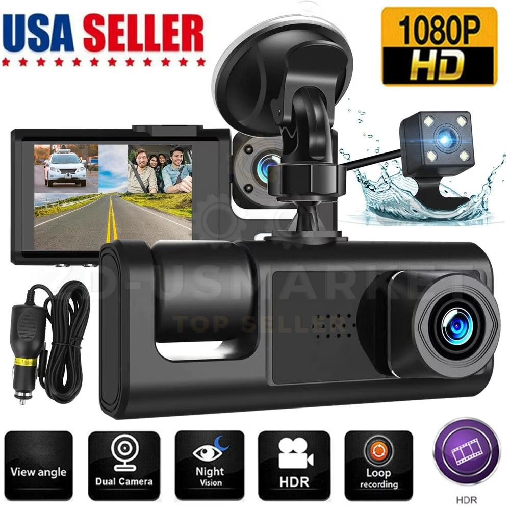 Car Dual Lens Dash Cam HD 1080P Front/Rear/Inside Video Recorder Camera G-Sensor