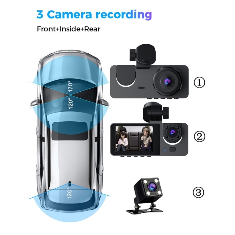 3 Channel Car DVR FHD 1080P 3-Lens Inside Vehicle DashCam Three Way Camera DVR