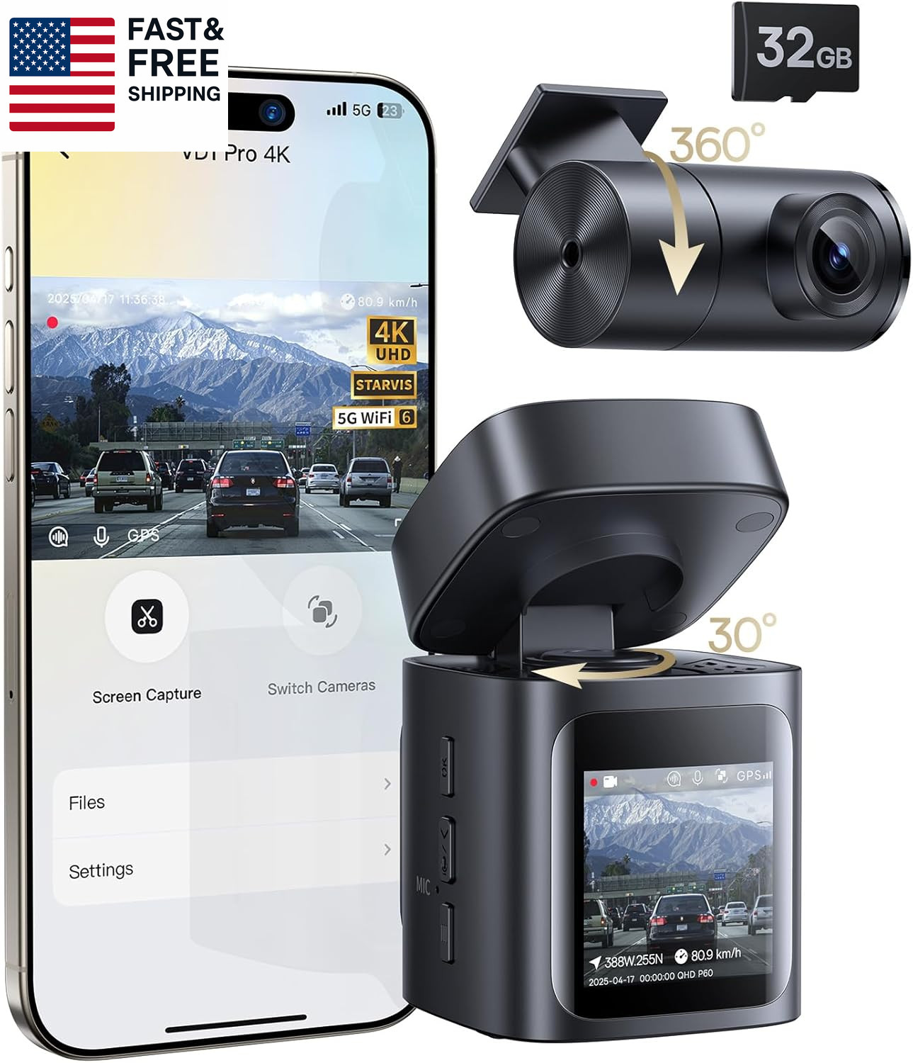 VD1 Pro Solar Dash Cam Front and Rear, 4K+1080P Dash Camera for Cars, Batter