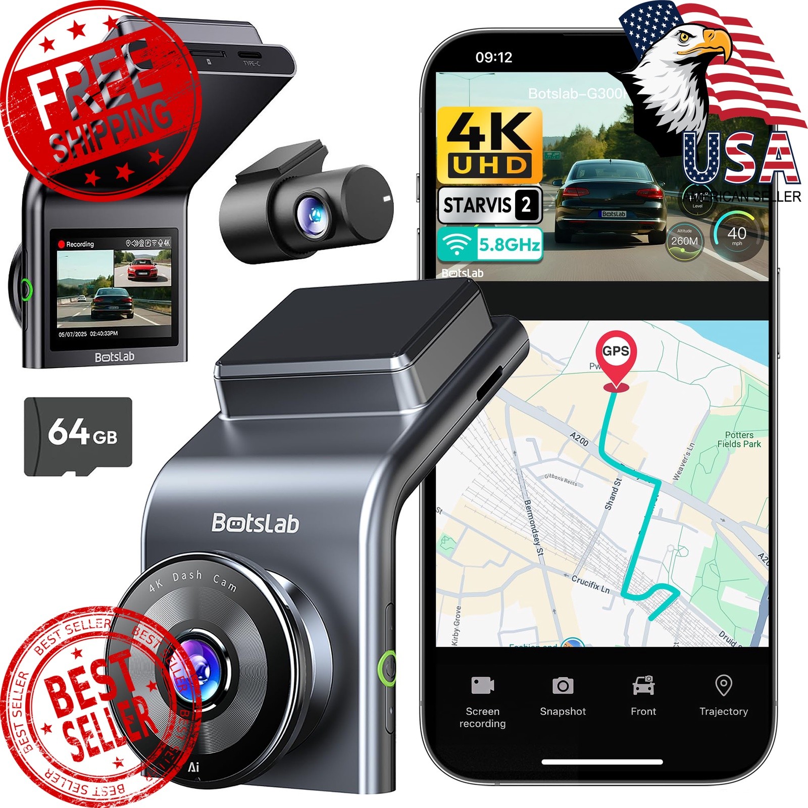 BOTSLAB G300H Plus 4K STARVIS 2 Dual Dash Cam Front and Rear[2026 Upgraded] |…