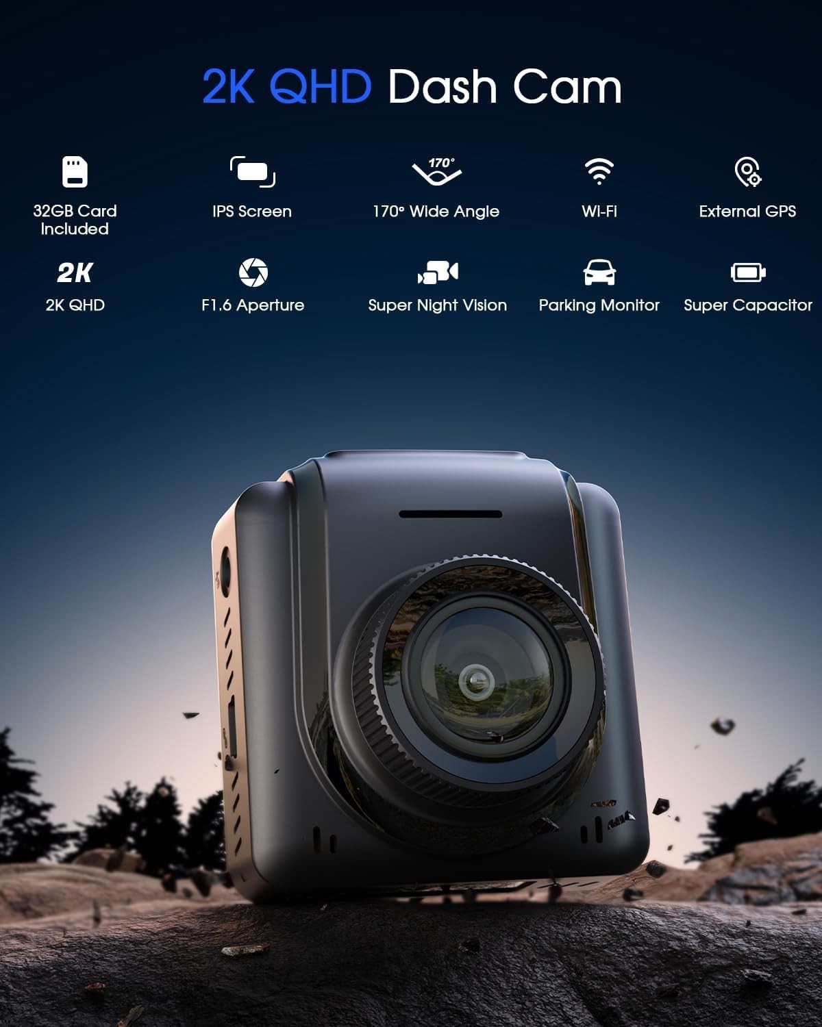 Compact 2K Dash Cam with External GPS & 24-Hour Parking Monitor – 32GB Included
