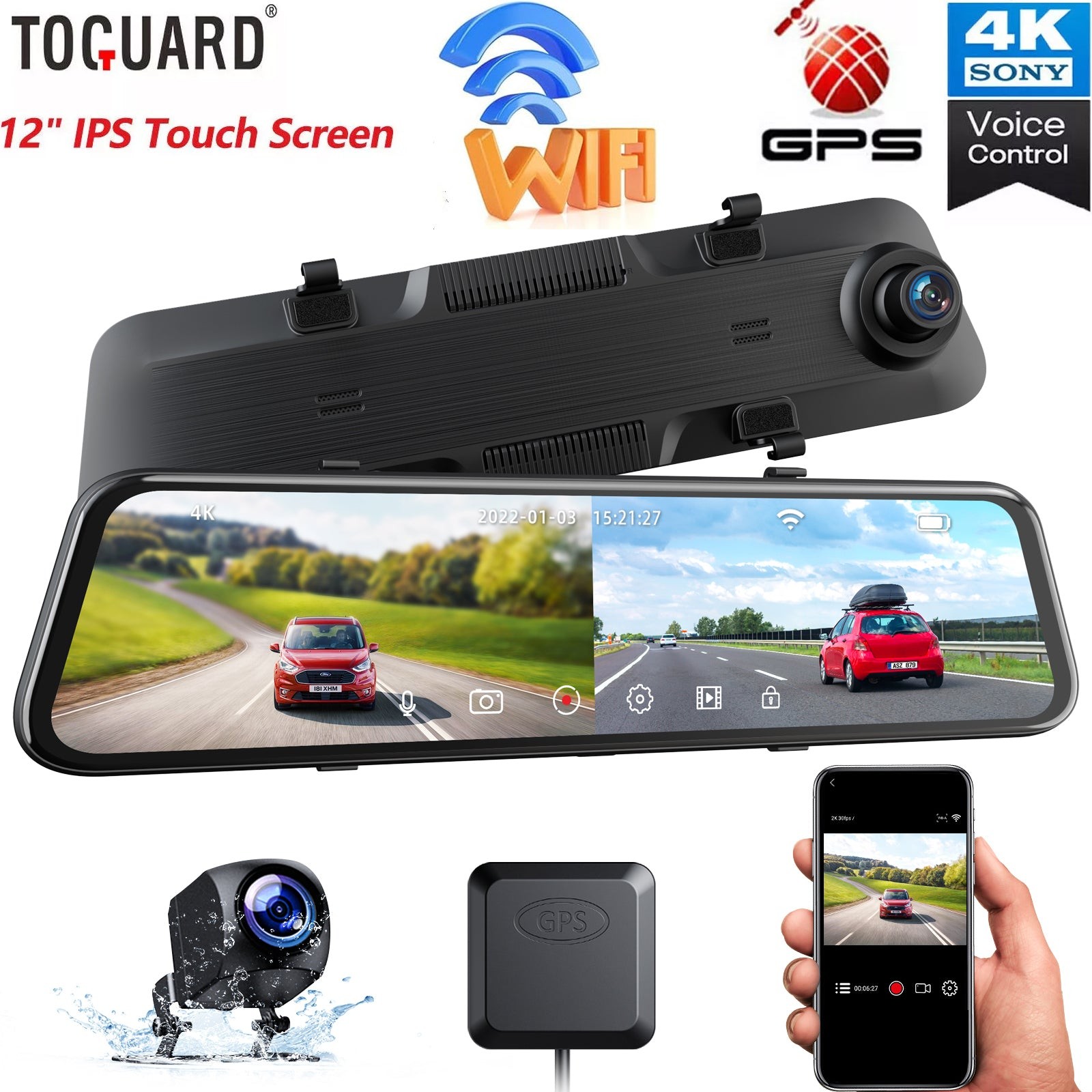 12″ 4K GPS WiFi Car Dual Dash Camera Front&Rear View Mirror Reverse Camera DVR