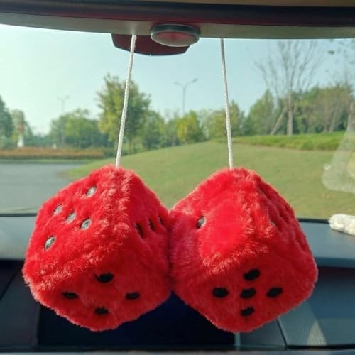 Fuzzy Plush Dice for Car Mirror, Pair of Retro 3” Dice with Black Dots for Red