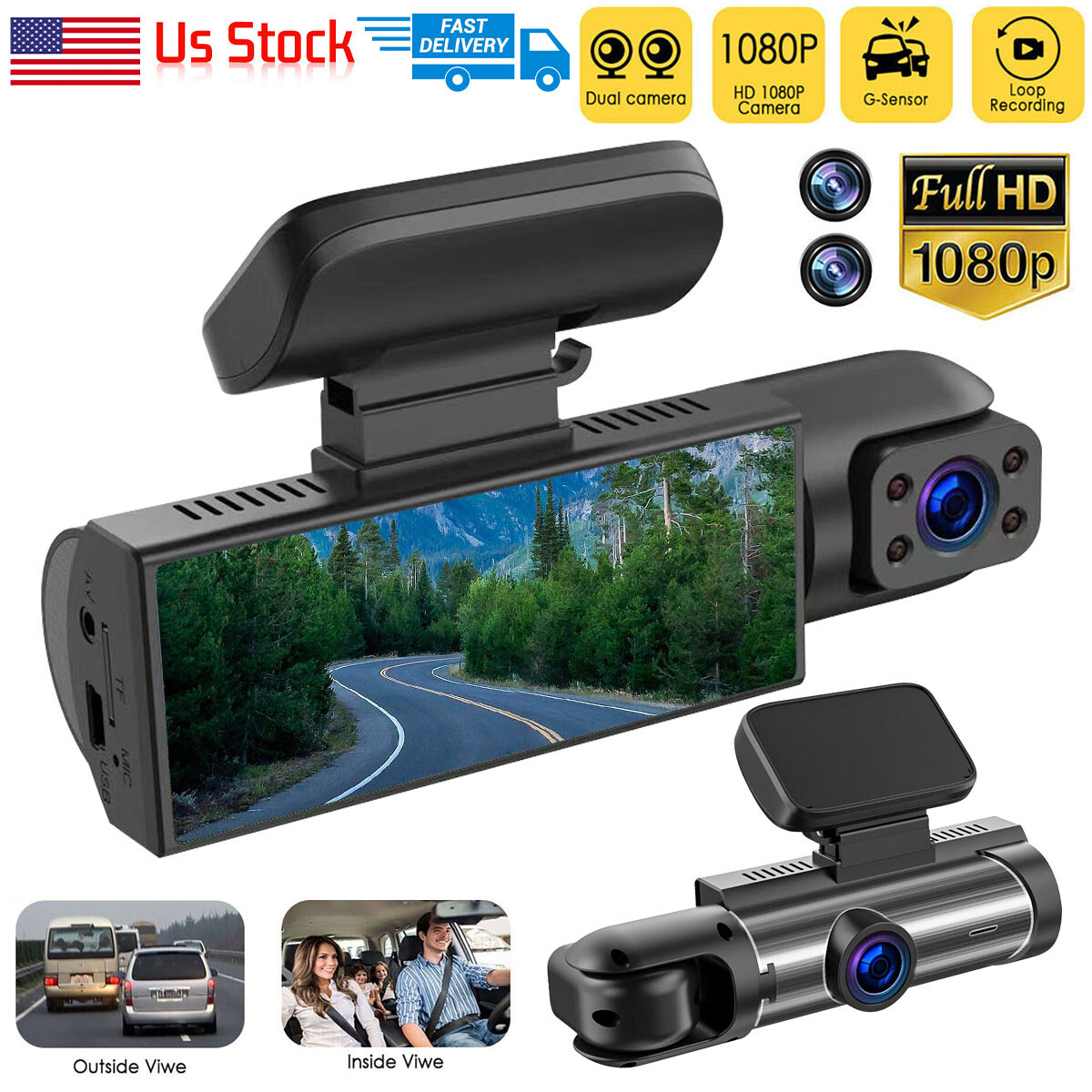 HD Night Vision Dash Cam 1080P Dual Lens Car DVR Recorder Front & Inside Camera