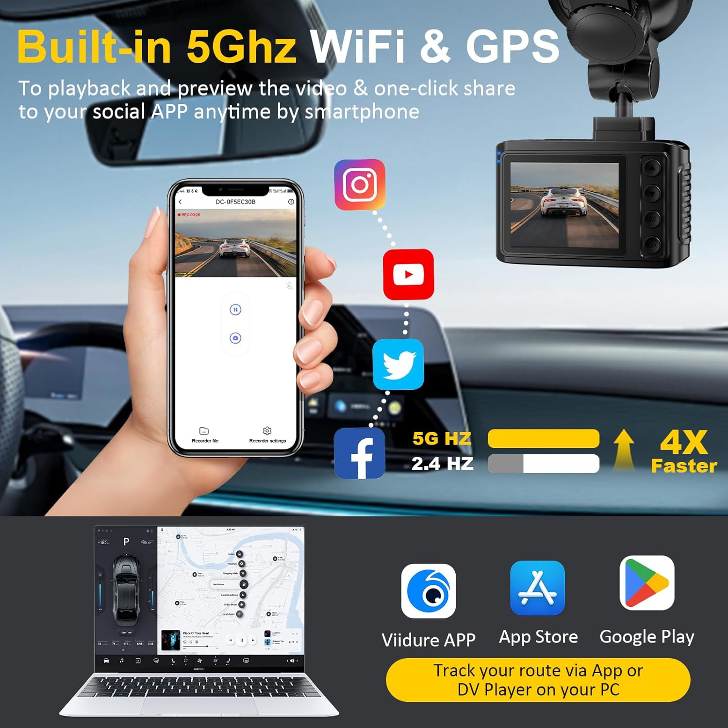 Dash Cam Front Rear 4K+2.5K Dual Channe 5Ghz Wifi GPS 64GB Card 2.0″ IPS Screen
