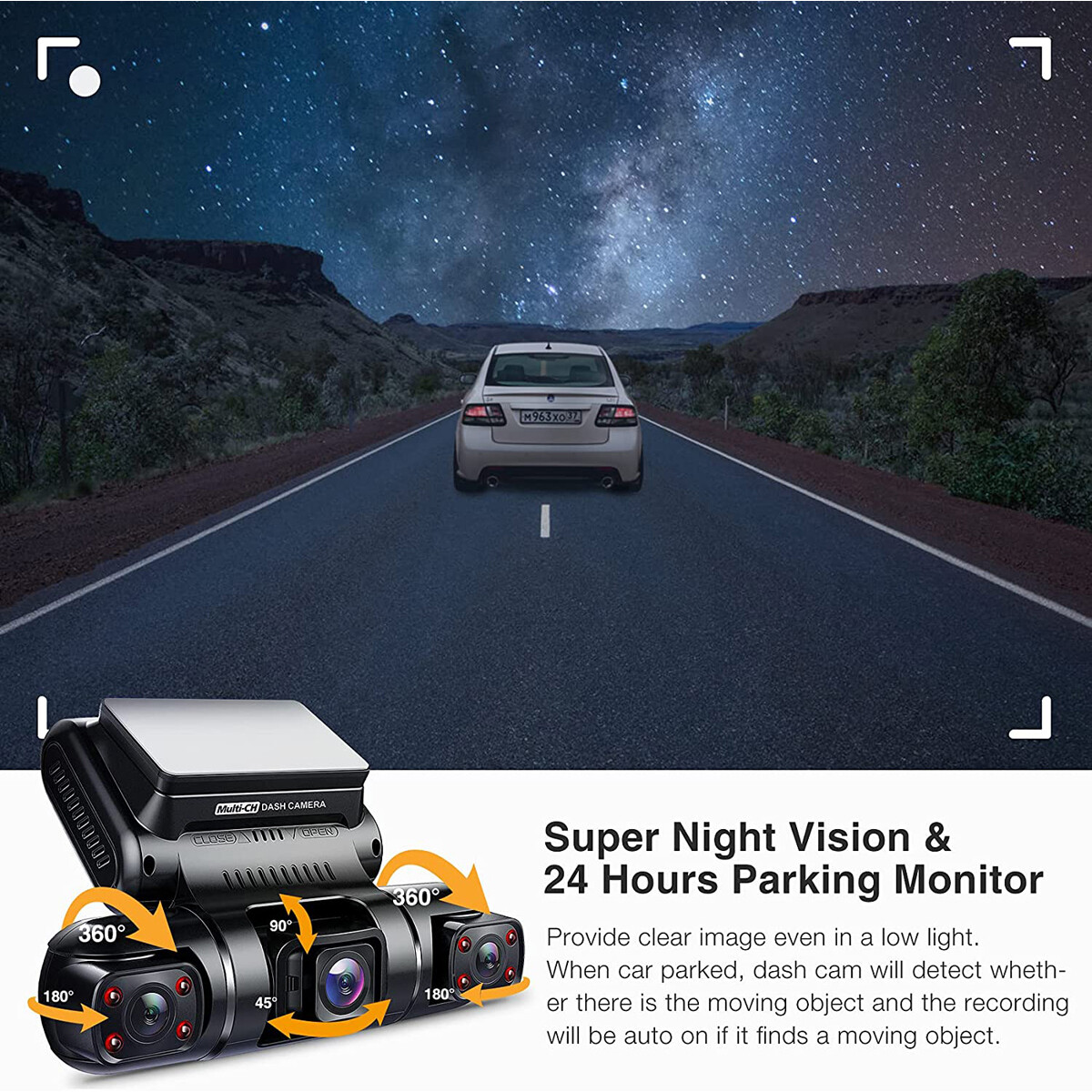 3″ 1080P 3 Lens Car DVR Dash Cam Video Recorder G-Sensor Front Rear Cameras