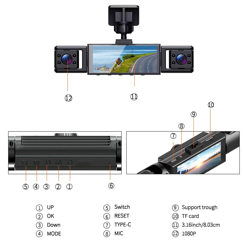 Dash Camera 1080P Front Rear Dash Cam 4-Channel Night Vision Adjustable +64CB