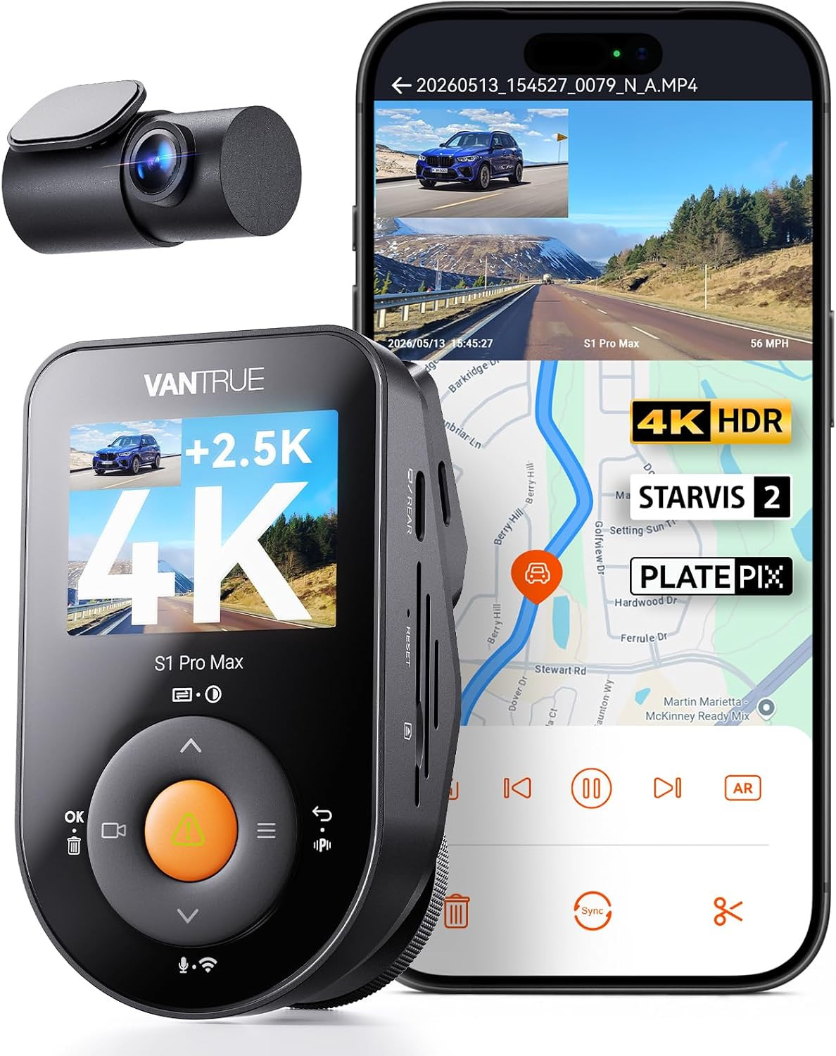 S1 Pro Max Dash Cam 4K+2.5K Front and Rear, Dual STARVIS 2, Dual HDR, Platepix N