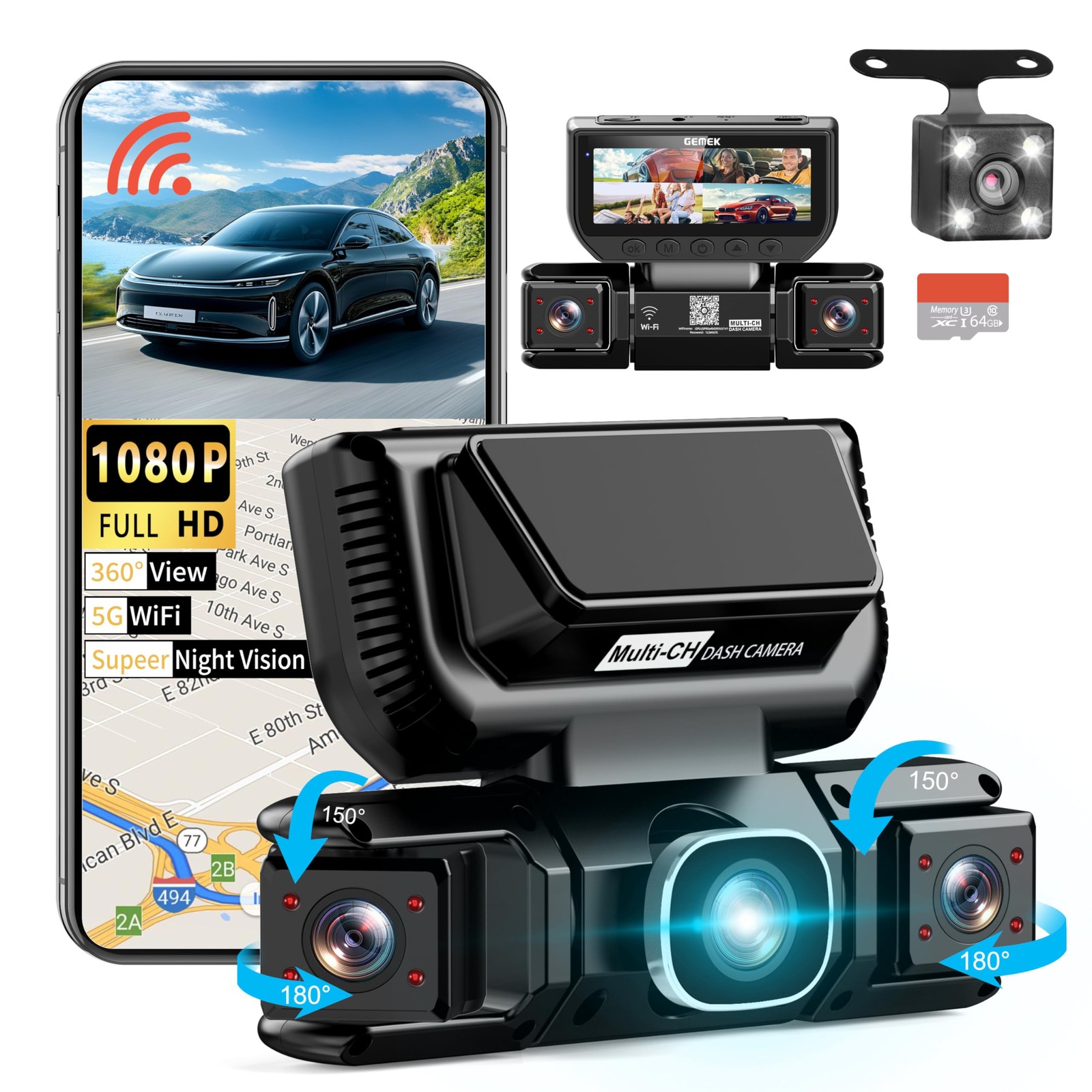 360 Degree View 4 Channel Dash Cam 5G WiFi & APP Control, GEMEK 2K Front and …