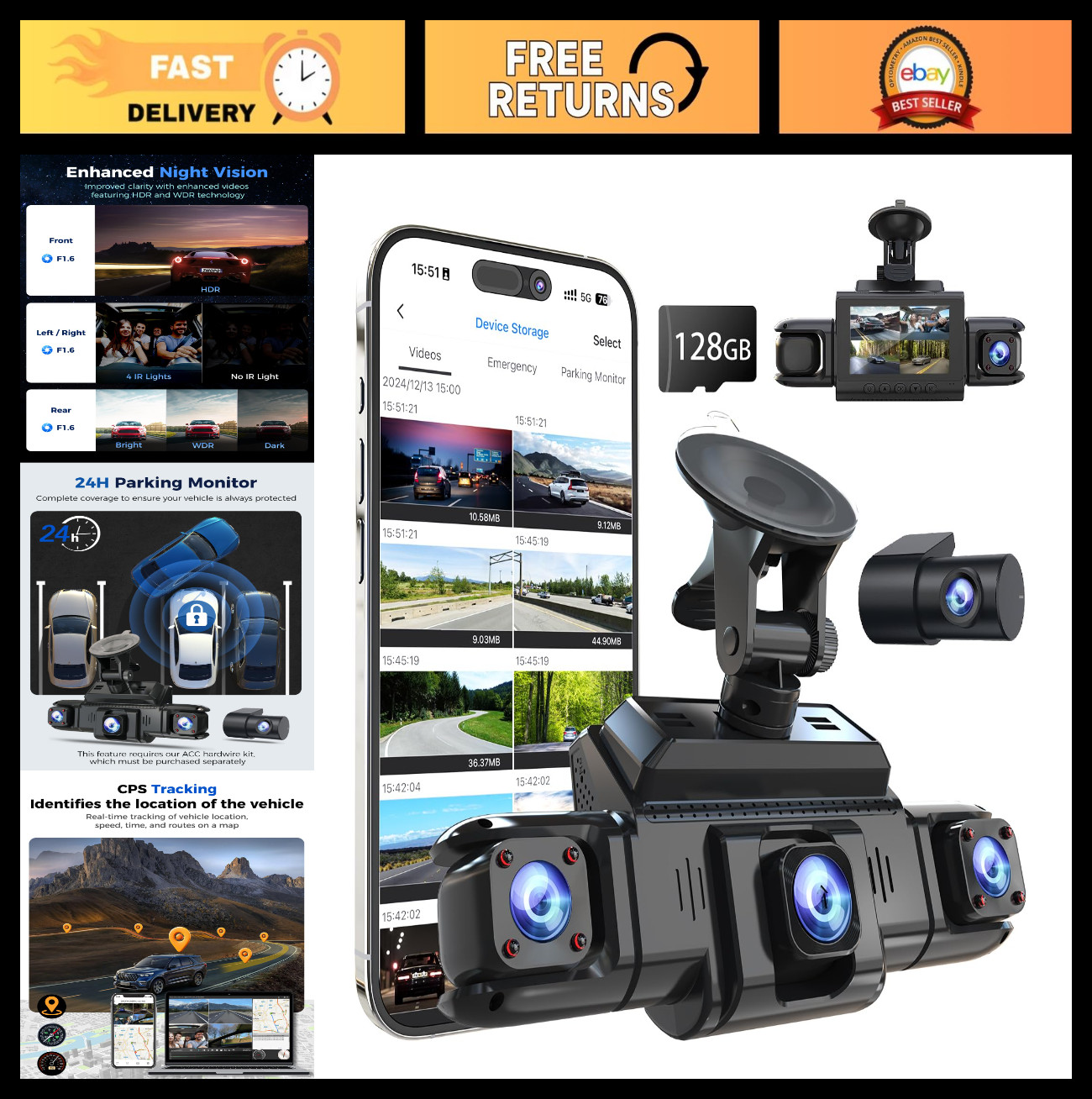 360° 4-Channel Dash Cam for Cars – Front & Rear, Night Vision, GPS, WiFi, 128GB