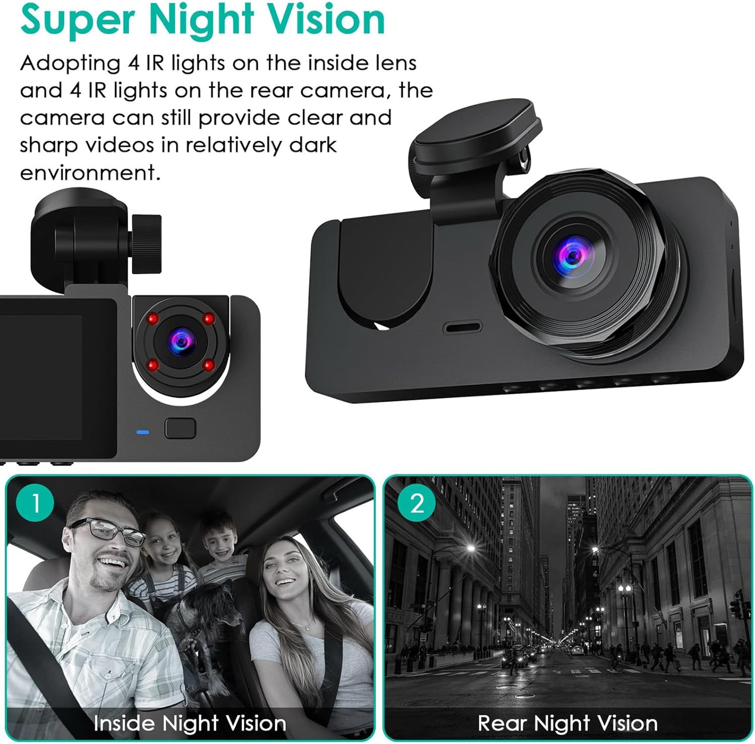 Dash Cam Front Rear and Cabin 3 Lens Car Recorder 1080P 32GB Card Night Vision