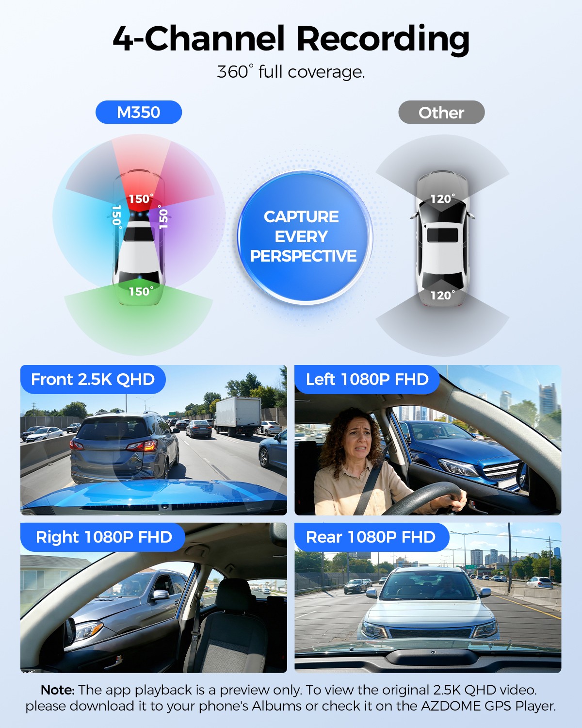 AZDOME 4CH 2.5K 3x1080P Dash Cam 5.8GHz WiFi GPS Parking Mode Front&Rear 64GB