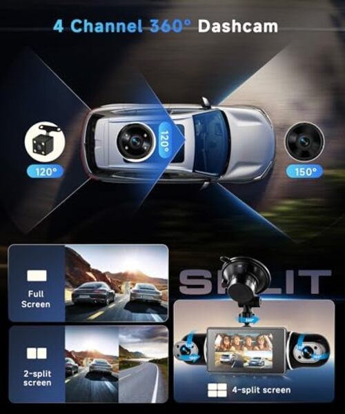 4 Channel 360° Dash Cam Front Rear Inside Left Right 3 Inch Include 64G TF Card