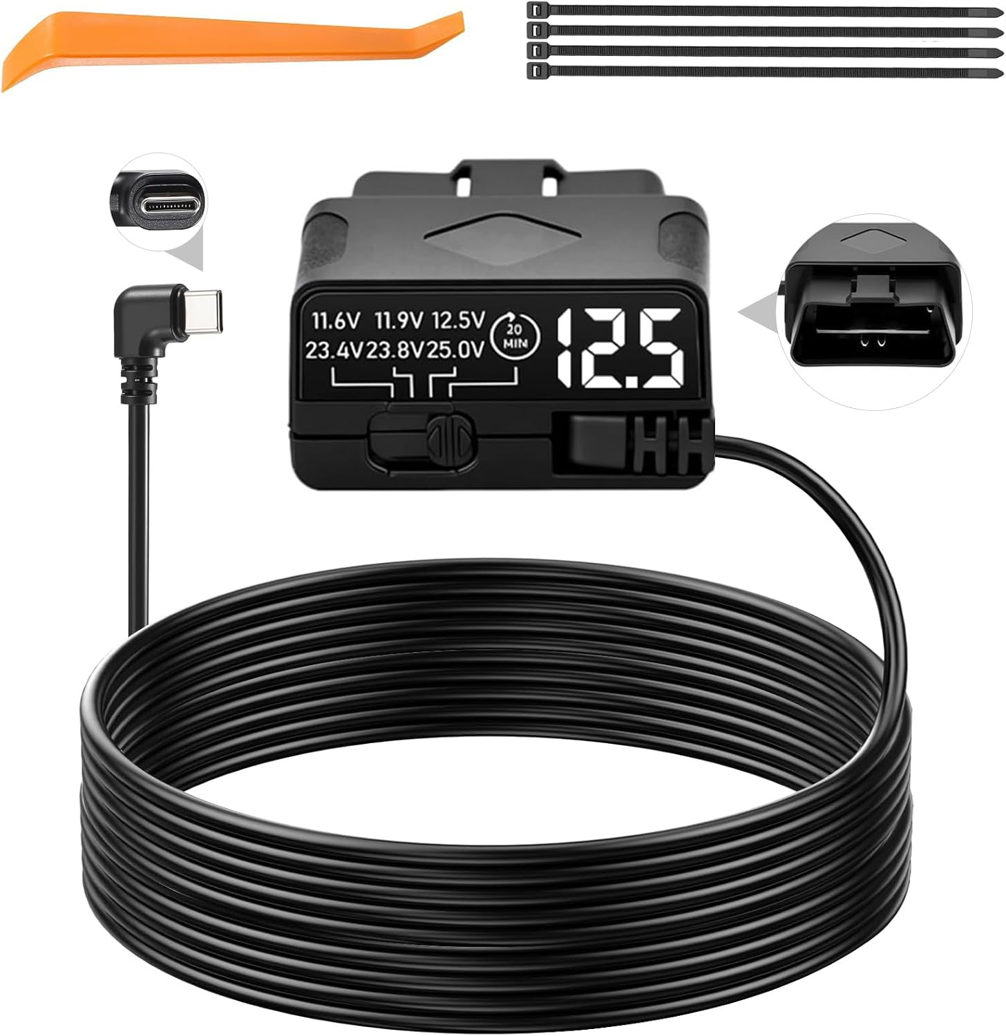 OBD2 to USB C Power Cable for Dash Cam, Plug and Play Dashcam Hardwire Kit with
