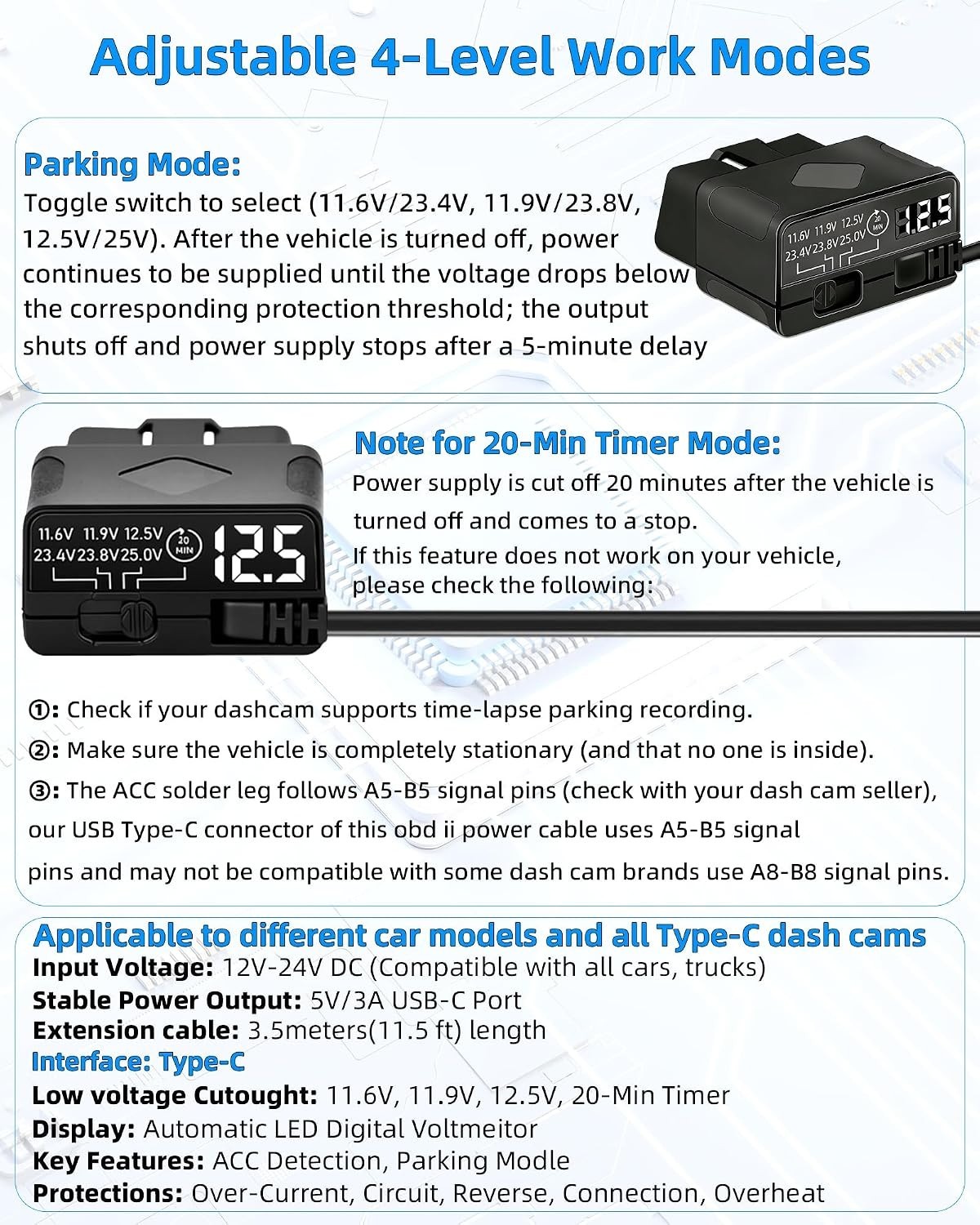 3.5M USB-C Dash Cam Power Cable – 12V-24V Compatible with Smart Voltage Control