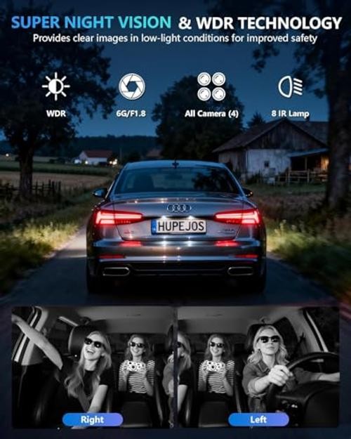 4K 360° Dash Cam Front and Rear, 4 Channel Camera for Cars | Upgrade AI Driver