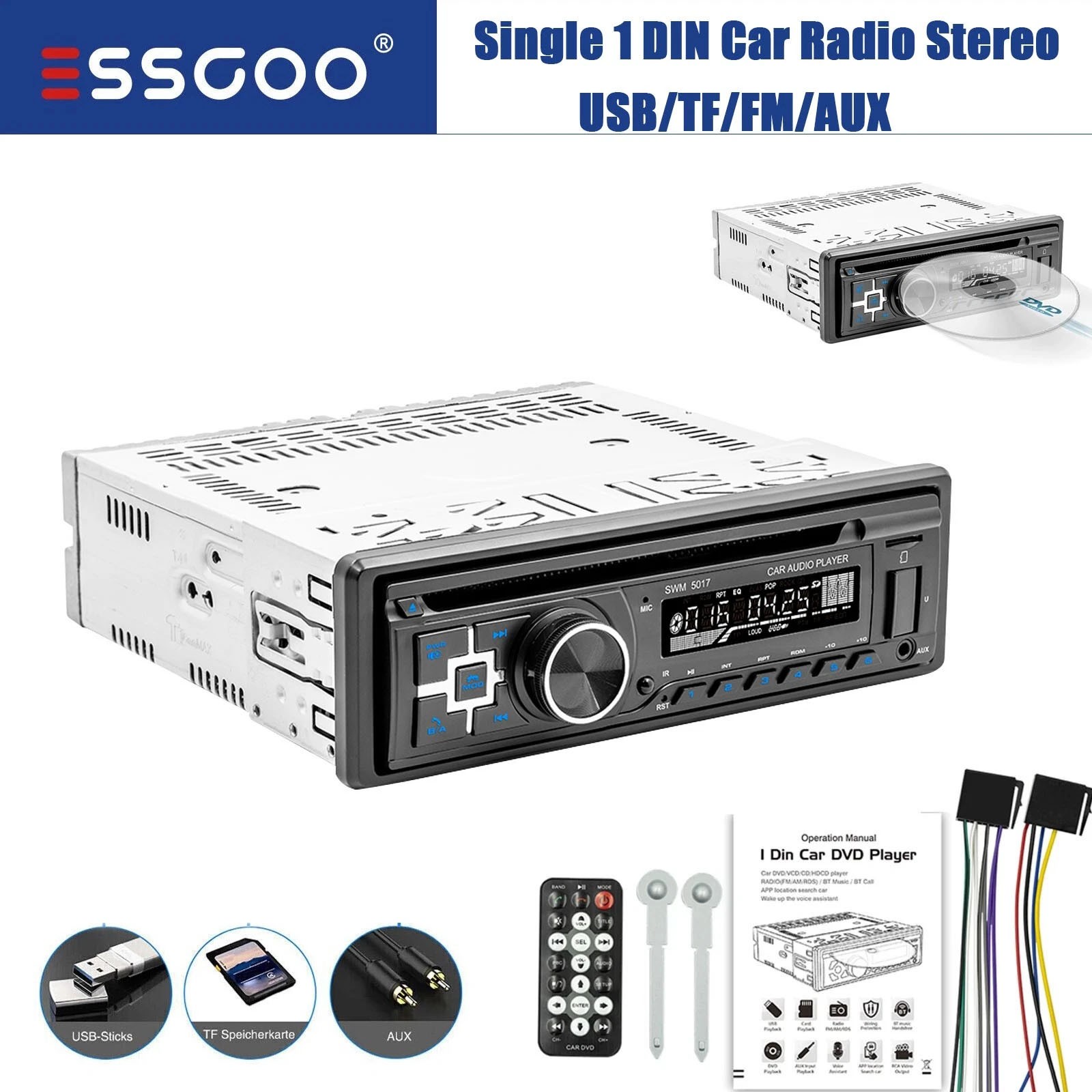 Single 1 DIN Car Stereo Bluetooth CD DVD Player FM AM RDS Radio MP3 DVD SD AUX