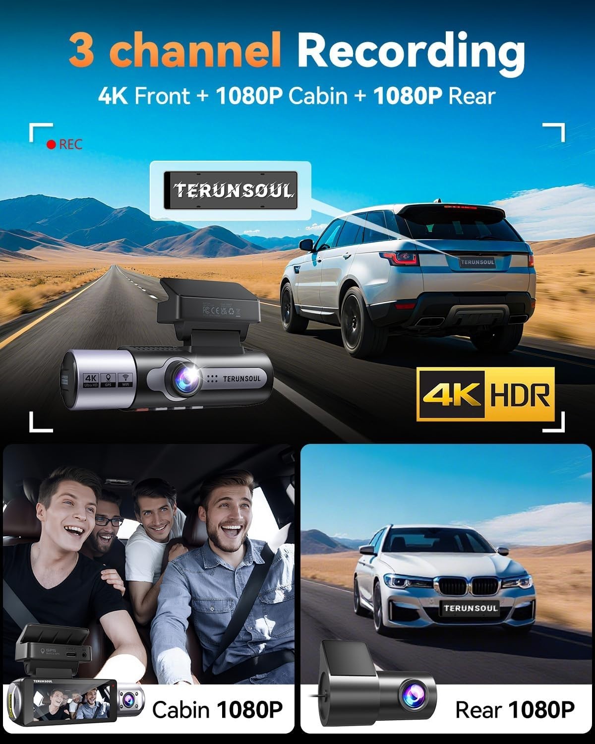 Starlight Night Vision Dash Cam, 4K Front + Rear with Integrated GPS Tracking