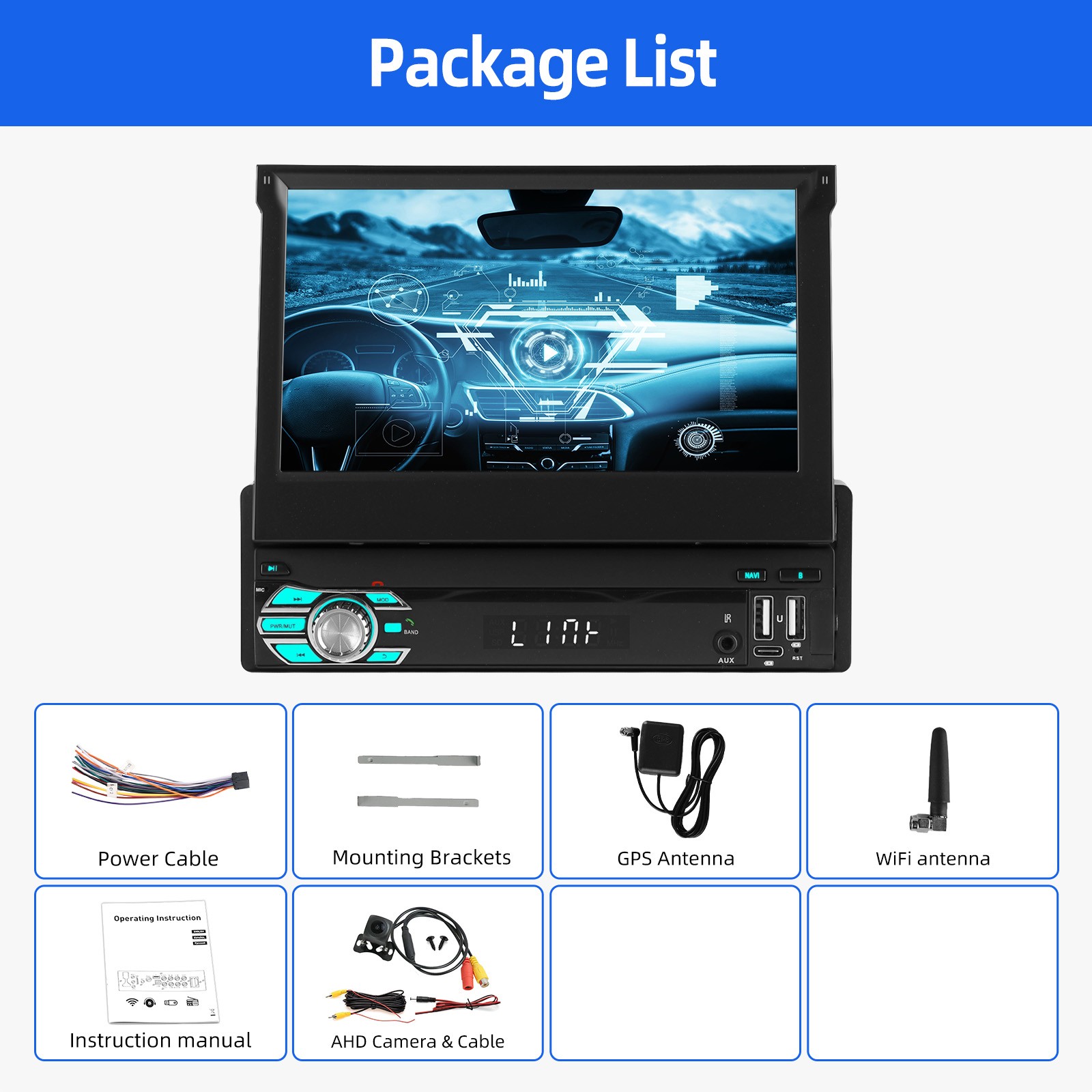 7″ Single 1 DIN Flip Out 4+64G Car Stereo Radio Android 15 MP5 Player USB+Camera
