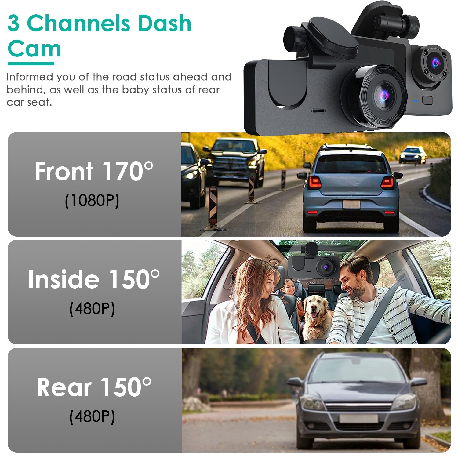 Car Dash Cam HD 1080P Front Rear Inside Video Recorder Camera G-Sensor 32GB Card