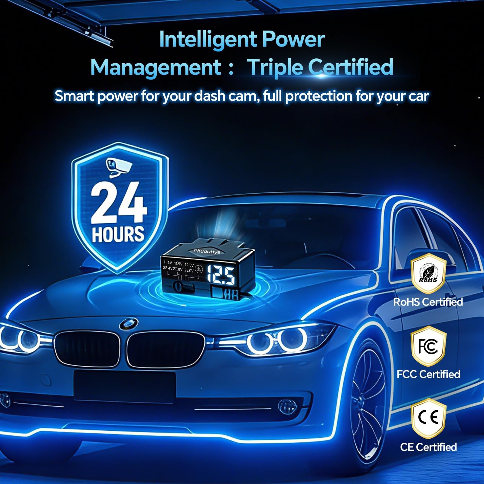 OBD2 to USB-C Dash Cam Hardwire Kit, 24/7 Parking Mode, 12V-24V Power Cable