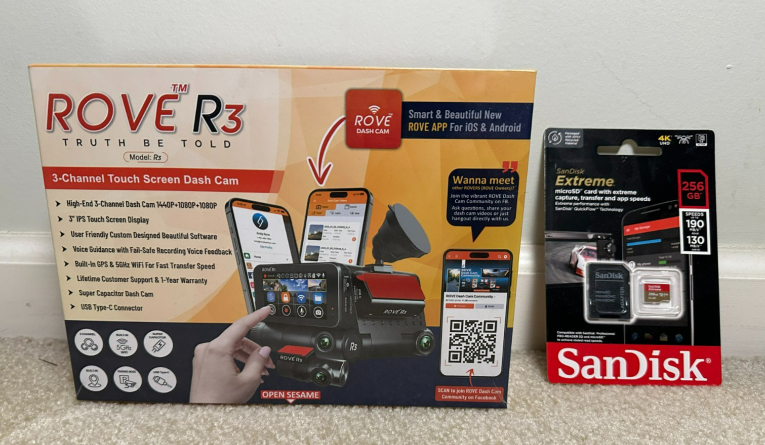 ROVE R3 Dashcam 2023, 3-Channel Touch Screen Front/Rear, New w/ Micro SD card
