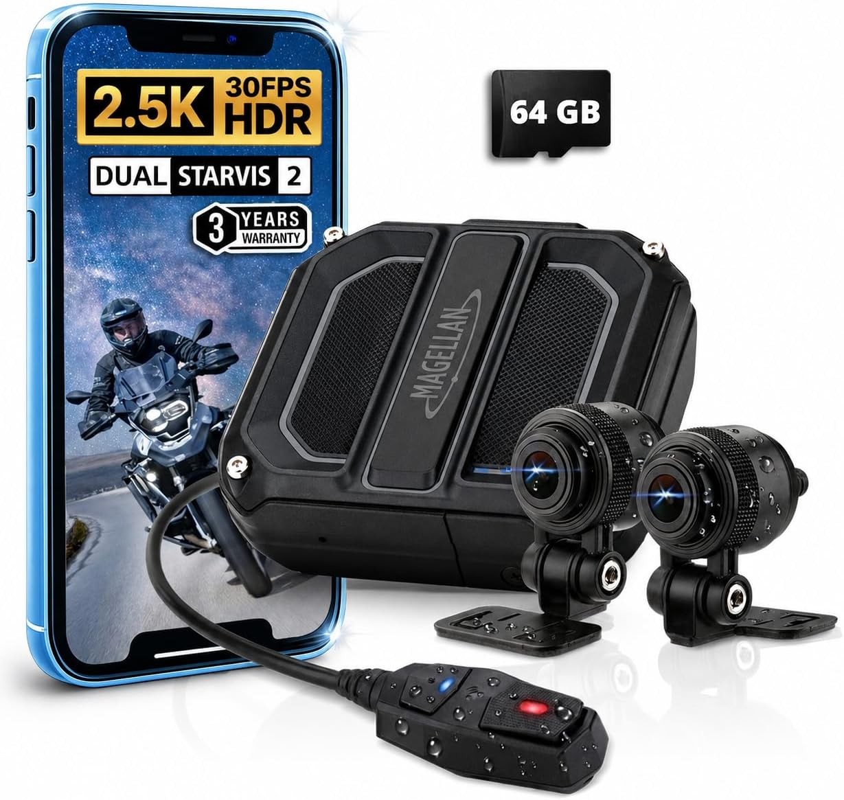 Motorcycle Dash Cam Front & Rear Sony STARVIS 2 Night Vision Built-in GPS WiFi