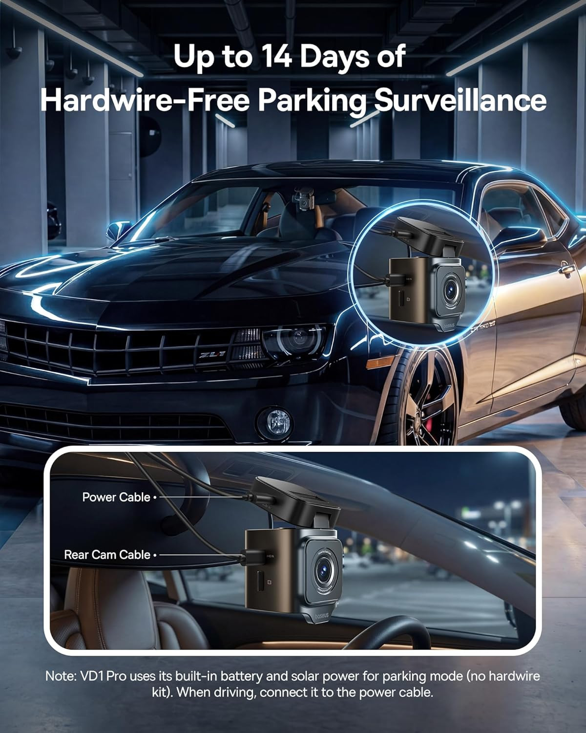 VD1 Pro Solar Dash Cam Front and Rear, 4K+1080P Dash Camera for Cars, Battery Po