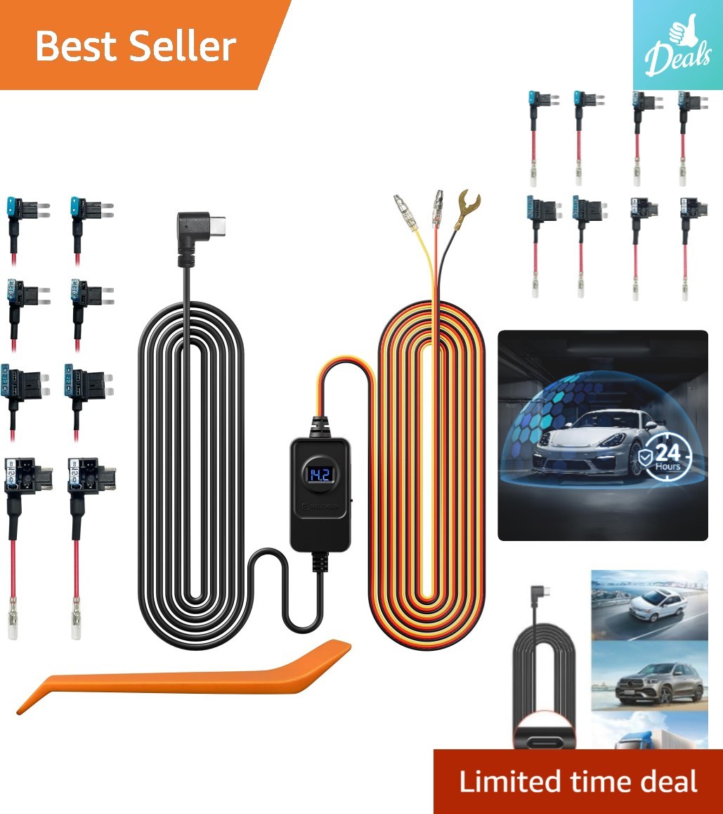 Hardwire Kit for Dash Cameras – USB C, 24-Hour Supply, & Safety Protection