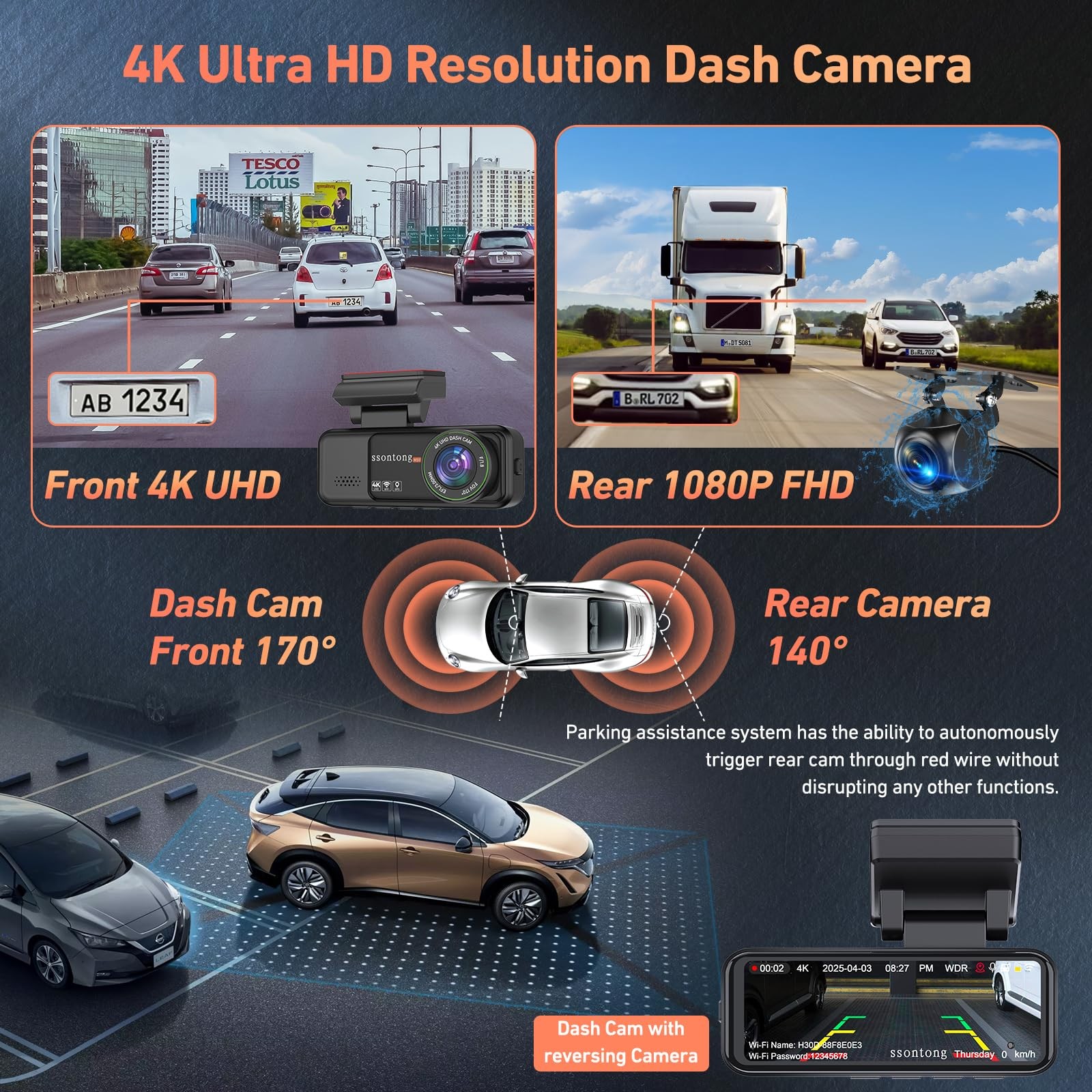 4K Dash Cam Front Rear WiFi GPS Night Vision 3.2″ Screen 32GB Card