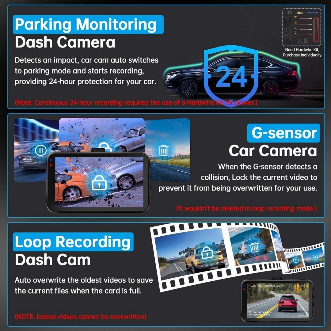 SSONTONG A16W 2.5 QHD 64 GB SD Dash Cam Car Security Accident Camera Front Rear