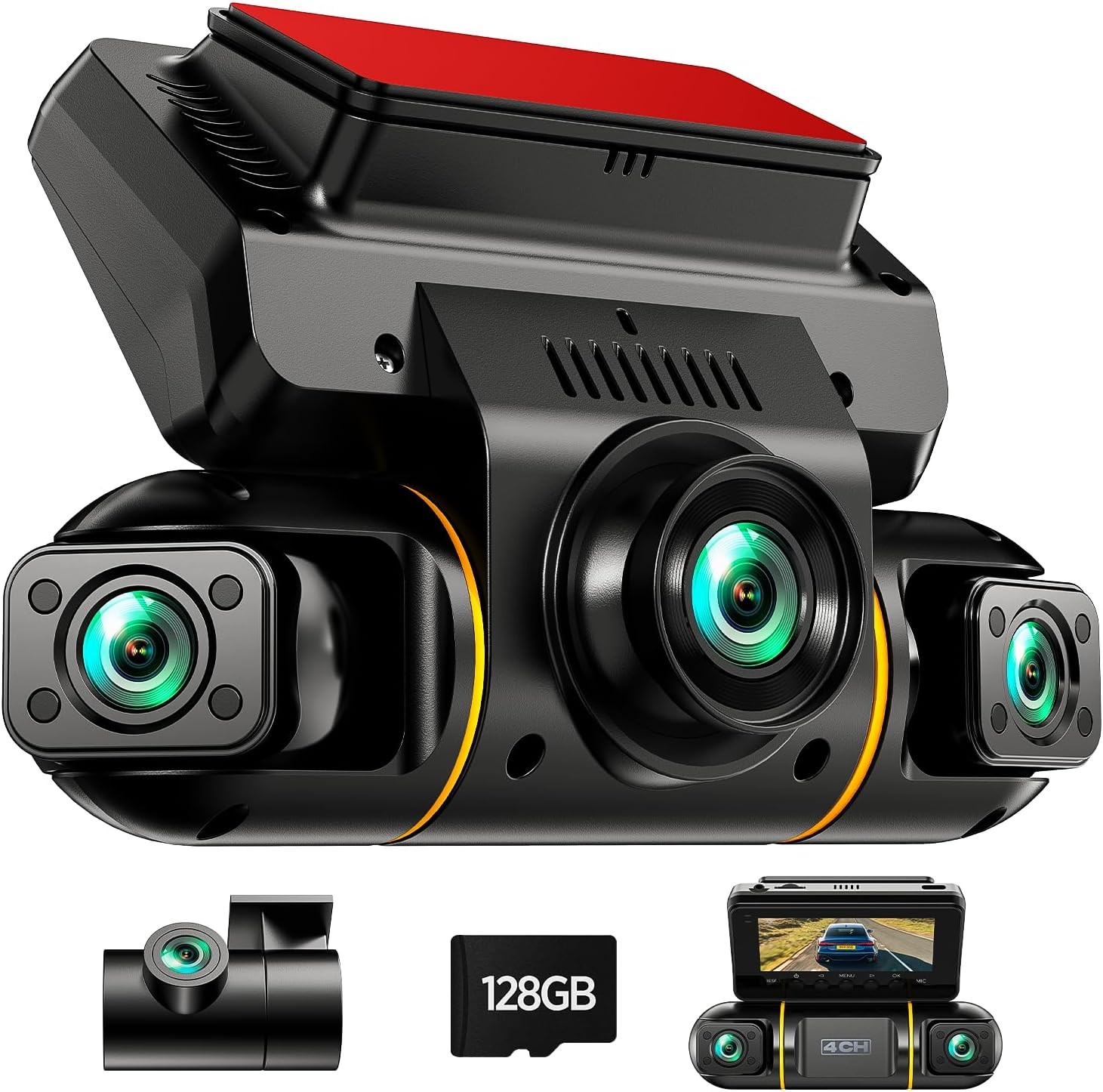 360° Dash Cam 4 Channel Front Rear Inside DashCam, FHD 1080P Car Camera 128GB