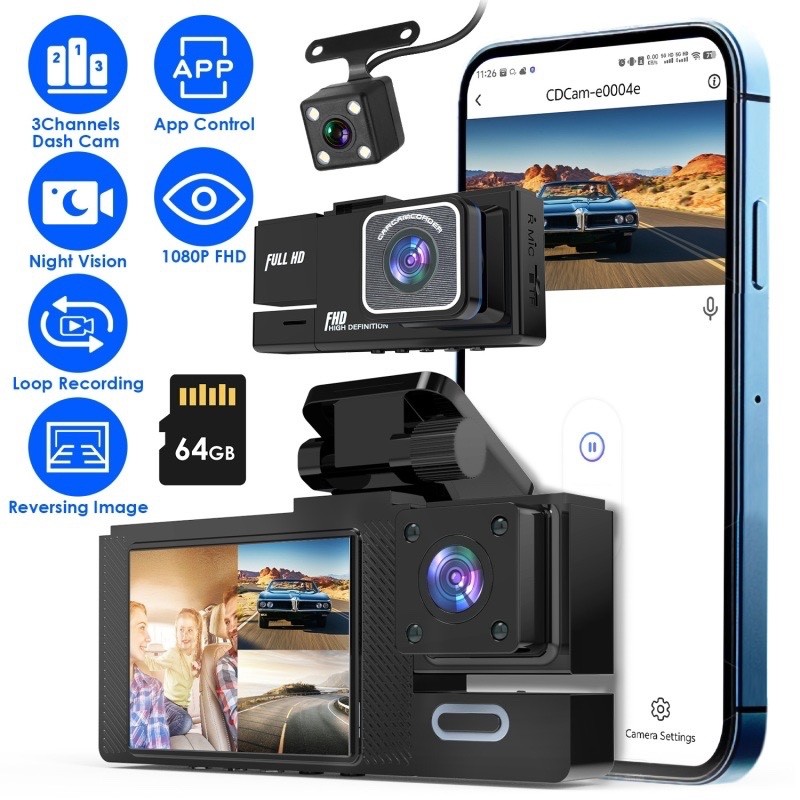 3 Channel 1080P Car Dash Cam WiFi Front Rear Inside Camera Loop Night Vision 64G