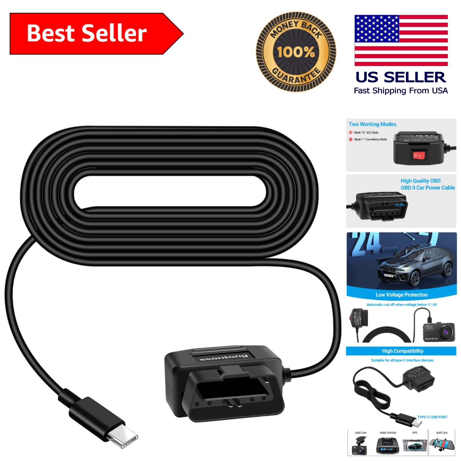 24H OBD to Type-C USB Power Cable – Low Voltage Protection for Dash Cam Safety