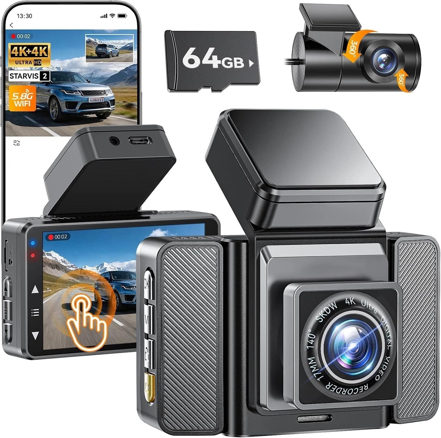 4K+4K Dash Cam Front and Rear, STARVIS SensorsFree 64GB Card,Support 256GB Ma…