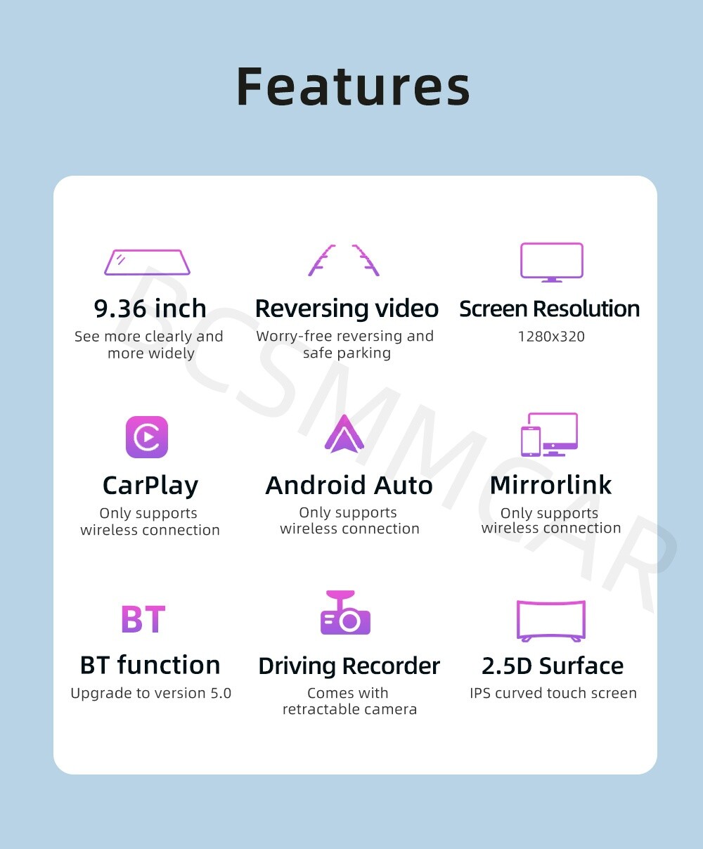 For Apple CarPlay Car Rearview Mirror DVR Driving Recorder 9.36in AUX/BT/FM/TF