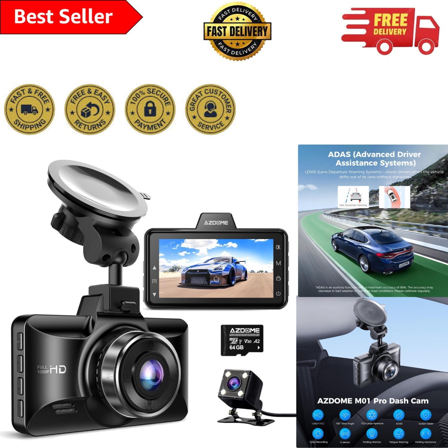 M01 Dual Dash Cam with 64GB Card, 1080p Front & Rear Cameras for Ultimate Safety