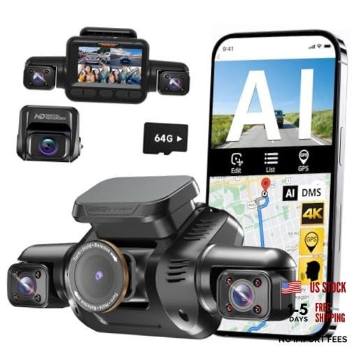 4K 360° Dash Cam Front and Rear, 4 Channel Camera for Cars | Upgrade AI Driver