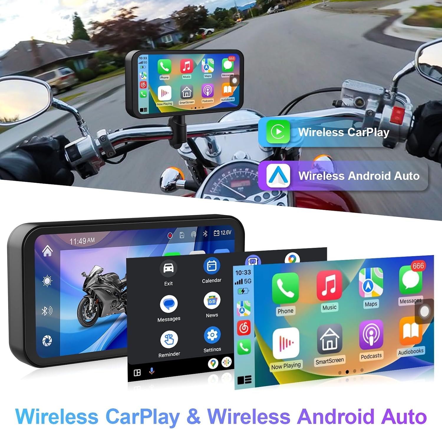 6.25 Inch Motorcycle Dash Cam, Wireless CarPlay and Android Auto