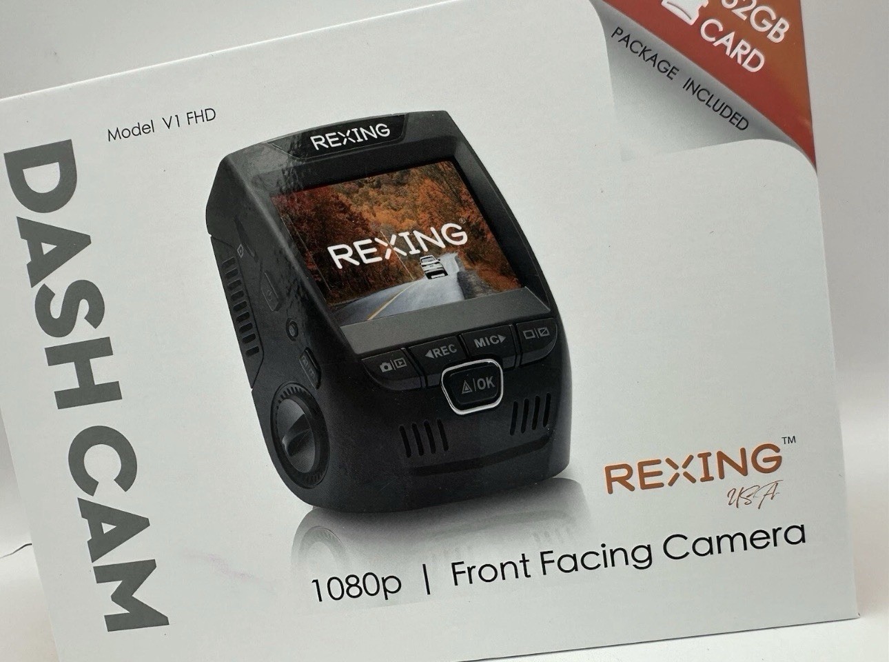 Rexing V1 Front Facing Dash Cam 1080p w/ 32GB SD Card, Collision Sensing, Auto