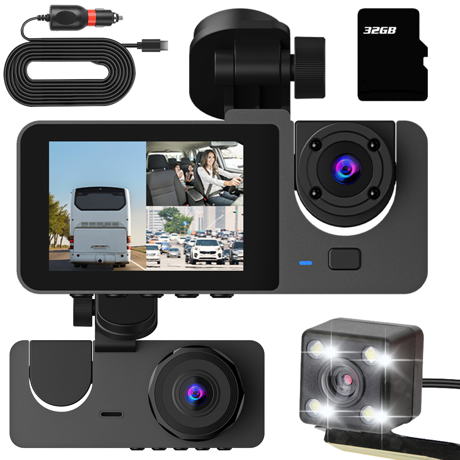Dash Cam 3 Channel 1080P Front & 480P Inside & 480P Rear Dash Cam 32G MMC Card
