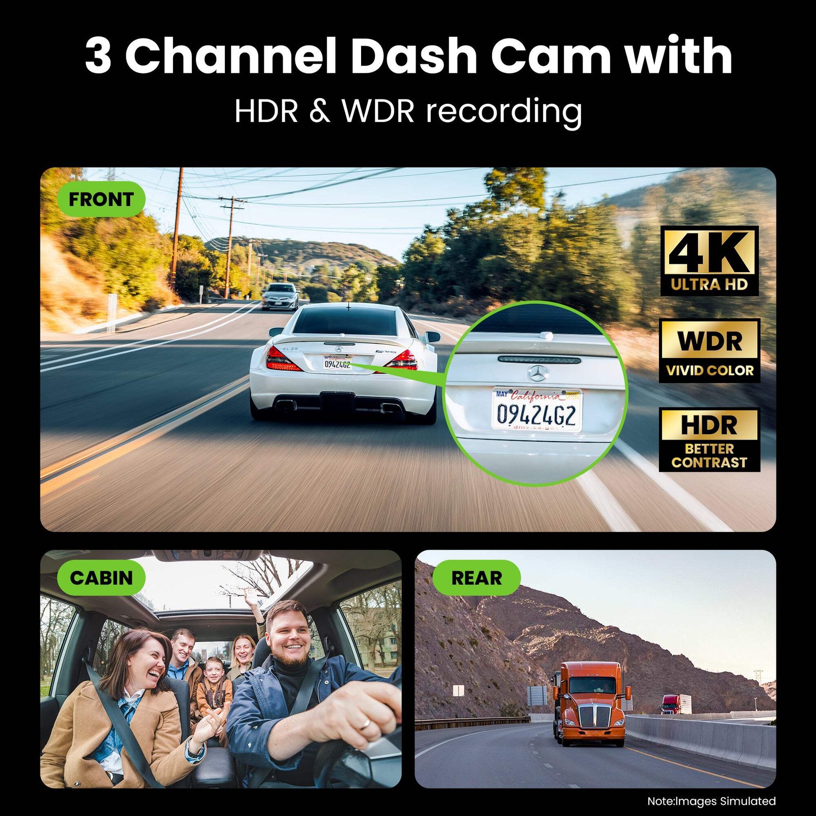GEARit 3-Channel 4K Dash Cam – Front, Inside & Rear with GPS & Night Vision, 64G