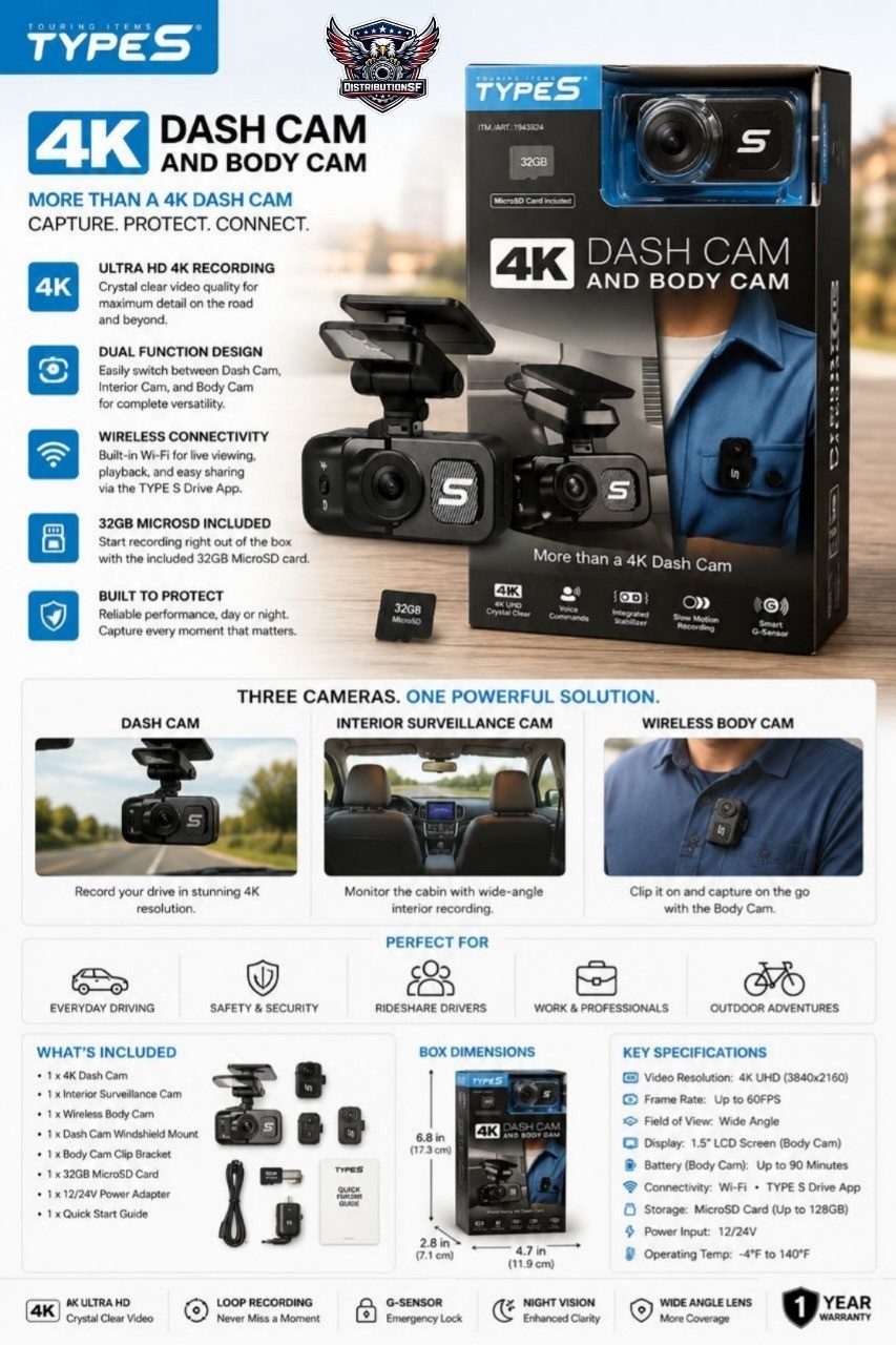 TYPE S Mini 4K Dash Cam & Body Camera Voice Control G-Sensor Loop Recording 32GB