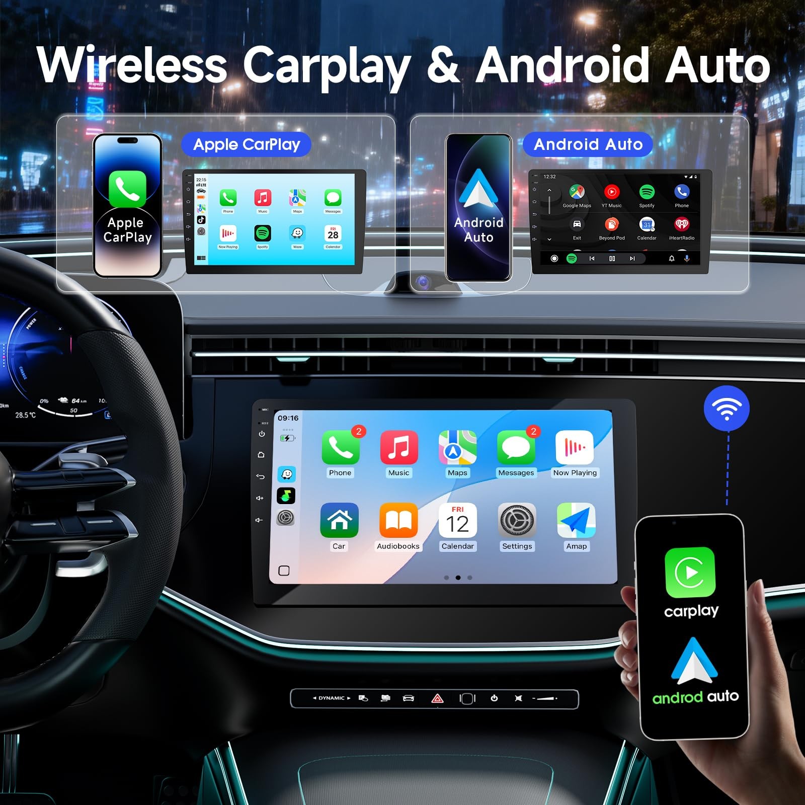 Haudio 9″-2G+64G Wireless Double Din Car Stereo with Bluetooth Wireless CarPlay
