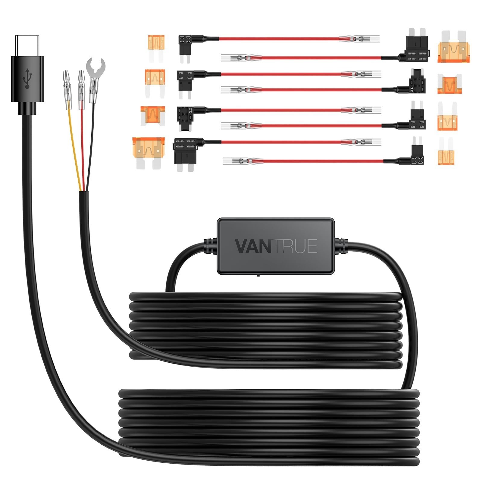 11.5ft USB-C Hardwire Kit for Dashcams, 12V-24V to 5V, Low Voltage Protection, A
