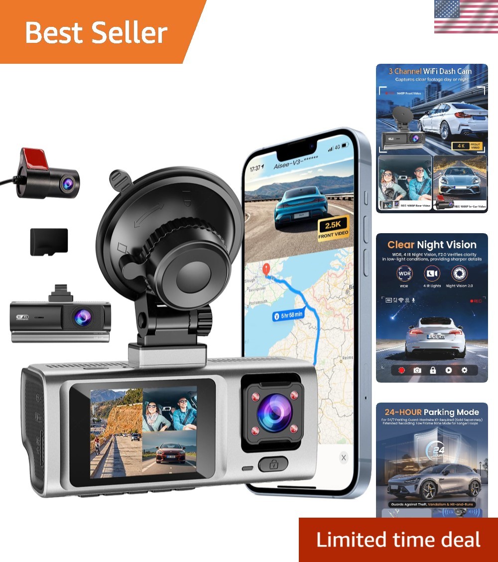 Smart App Controlled 3 Channel Dash Camera with Wi-Fi & 24 HR Parking Monitor