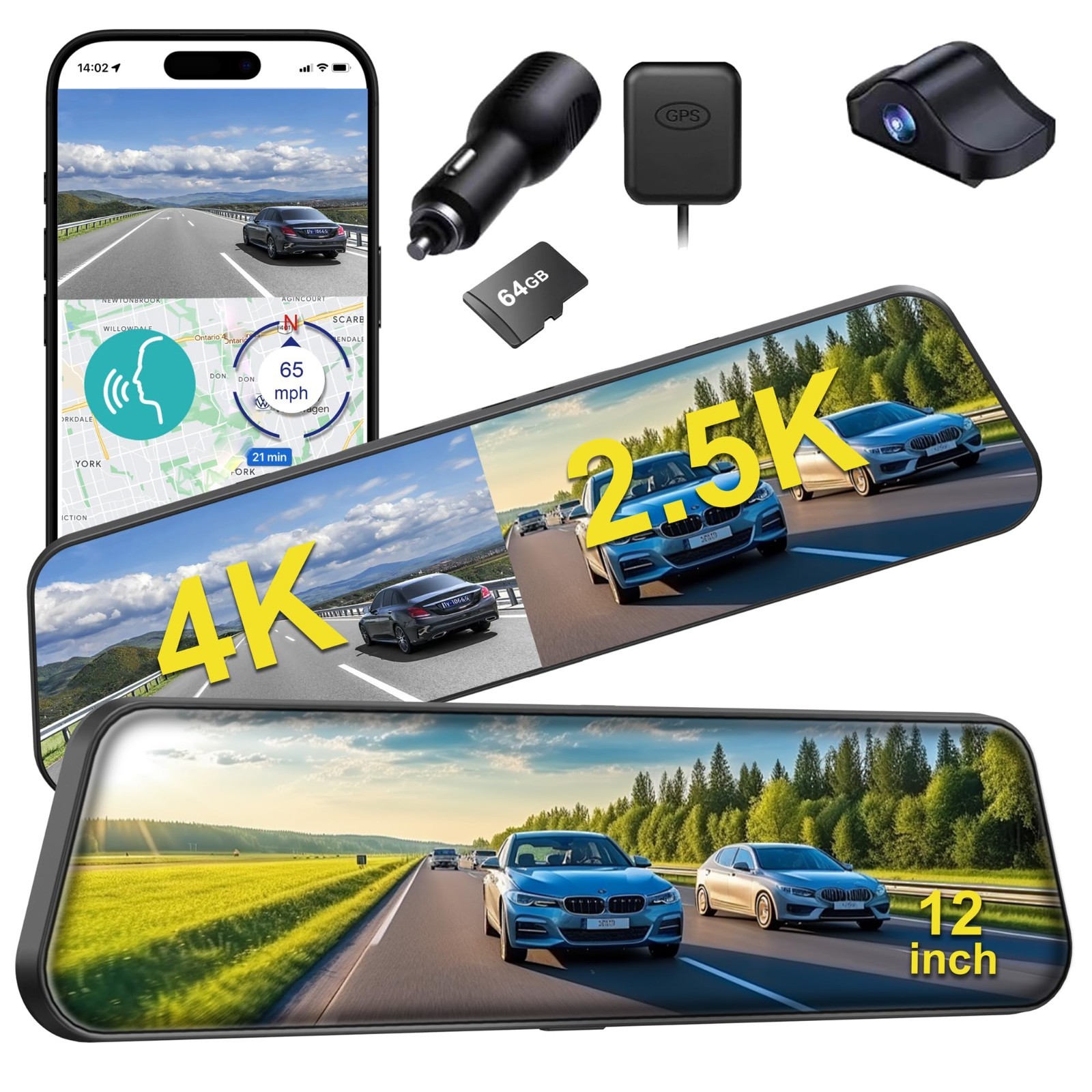 12″ 4K Rear View Mirror Dash Cam, Front & Rear Camera, Night Vision, WiFi, GPS,