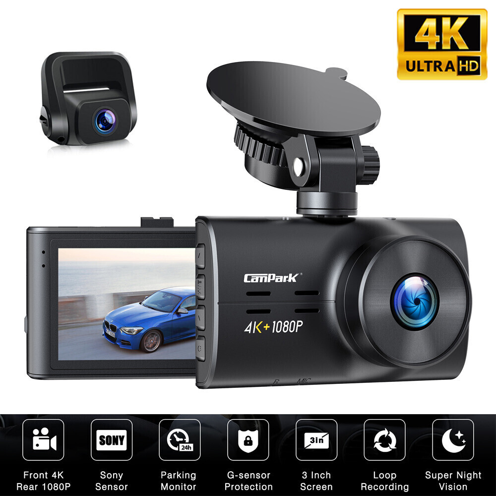 Campark 4K+1080P Dual Lens Dash Cam Front+Rear Car Camera Recorder Night Vision